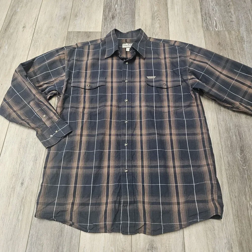 Powder River Outfitters Panhandle Slim Shirt Brown Plaid Pearl Snap Men's Medium